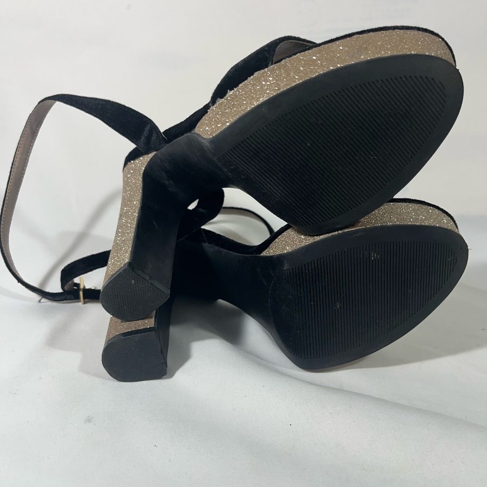 BETSY JOHNSON MATTIE BLACK VELVET PLATFORM GOLD GLITTER HEELS 7.5M PREOWNED - Picture 9 of 12
